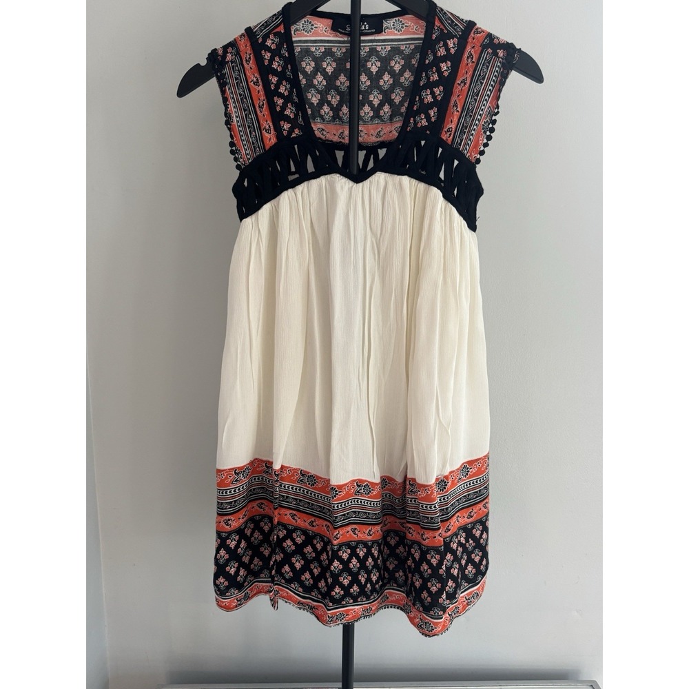 LuLu's Boho Border Print Tunic Top‎ S Cutout Waist Pom Trim Sleeveless